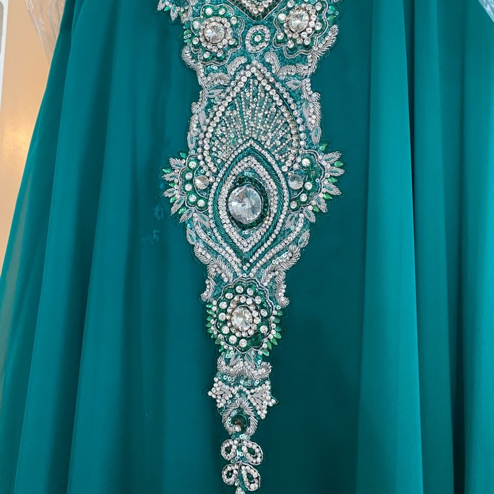 Blue Green Kaftan Dress with Rhinestone Neckline & Cuffs